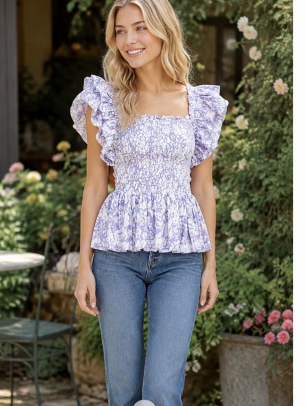 NWT Anthropologie LOVE THE LABEL Purple Smocked Top MEDIUM Ruffle Shirred